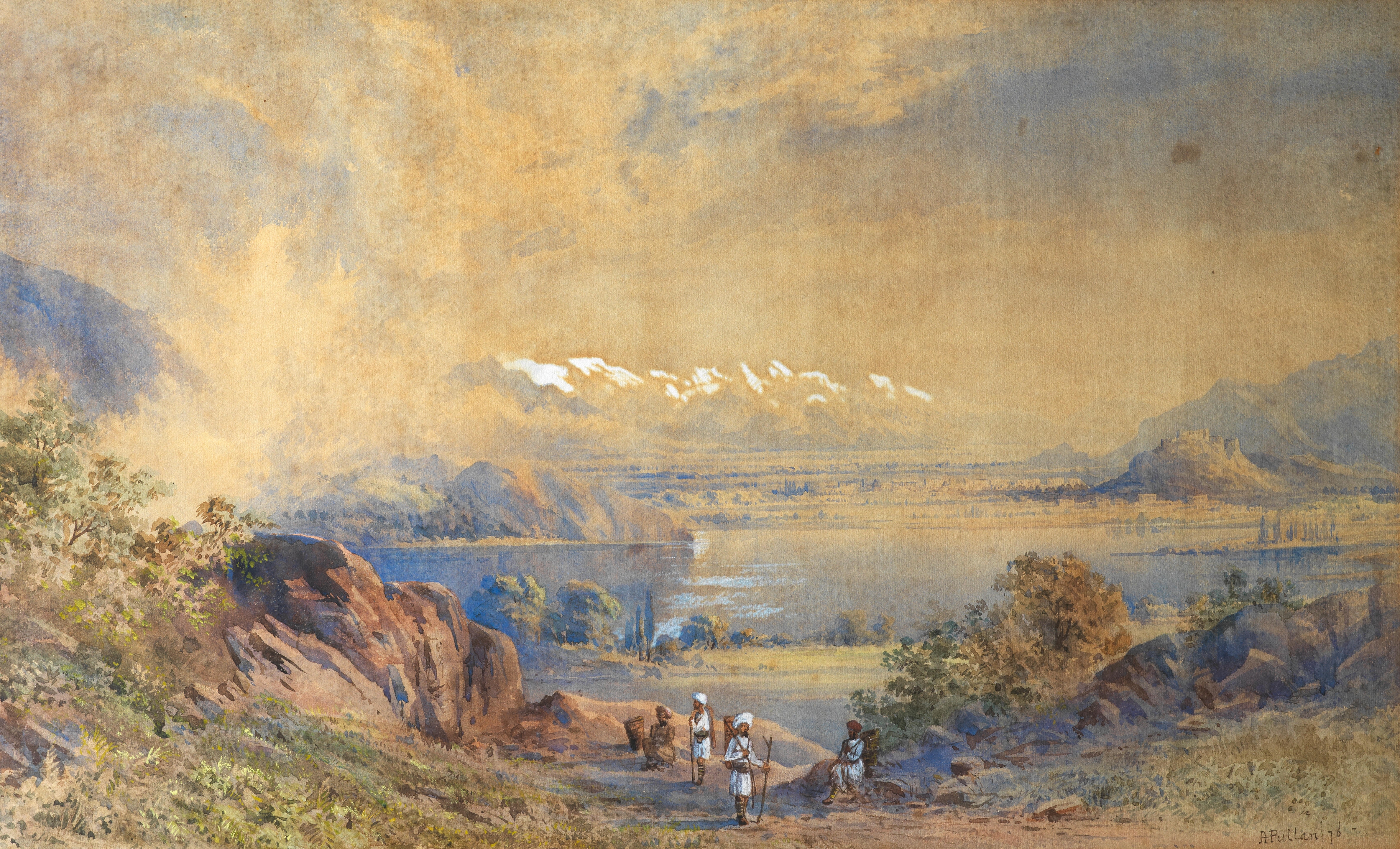 Artwork by Colonel Ayrton Pullan, An extensive view of the Kashmir Valley, with the Himalayas in the distance, Made of watercolour on paper