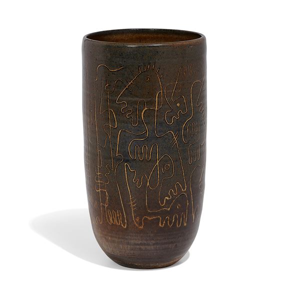 Edwin & Mary Scheier | vase decorated with abstract figures | MutualArt