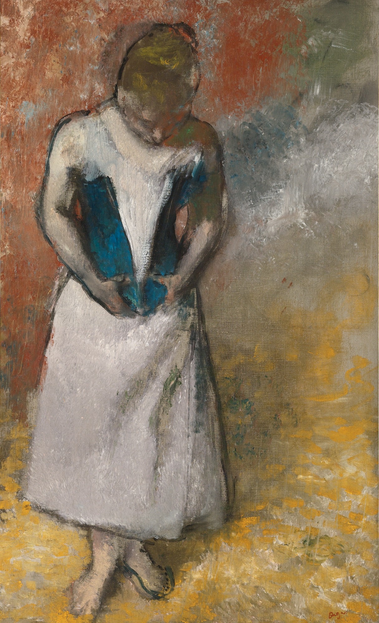 Artwork by Edgar Degas, Femme debout et vue de face agrafant son corset, Made of Oil on canvas
