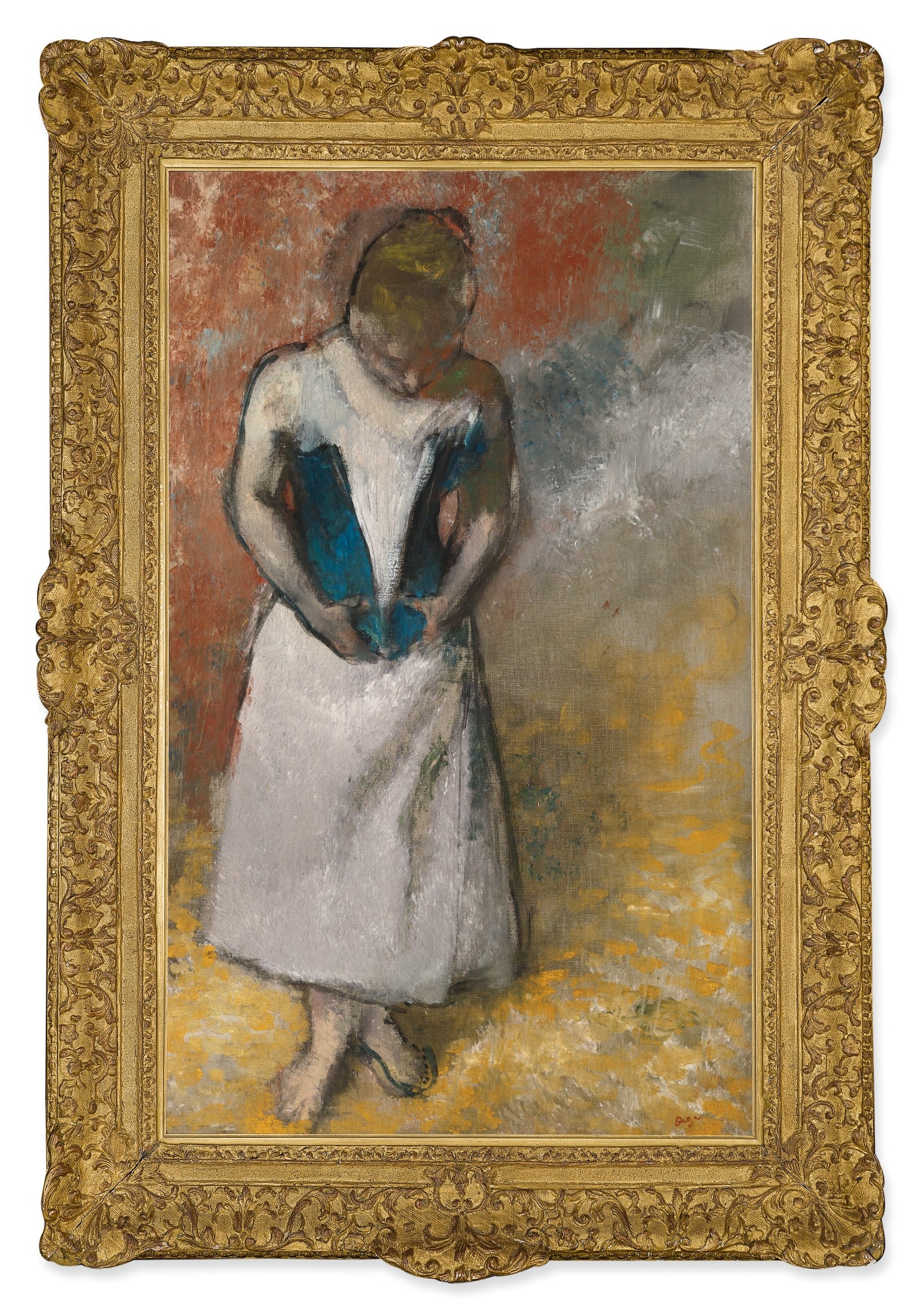 Artwork by Edgar Degas, Femme debout et vue de face agrafant son corset, Made of Oil on canvas