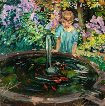 A child leans over a fountain filled with colorful fish, surrounded by lush purple flowers.