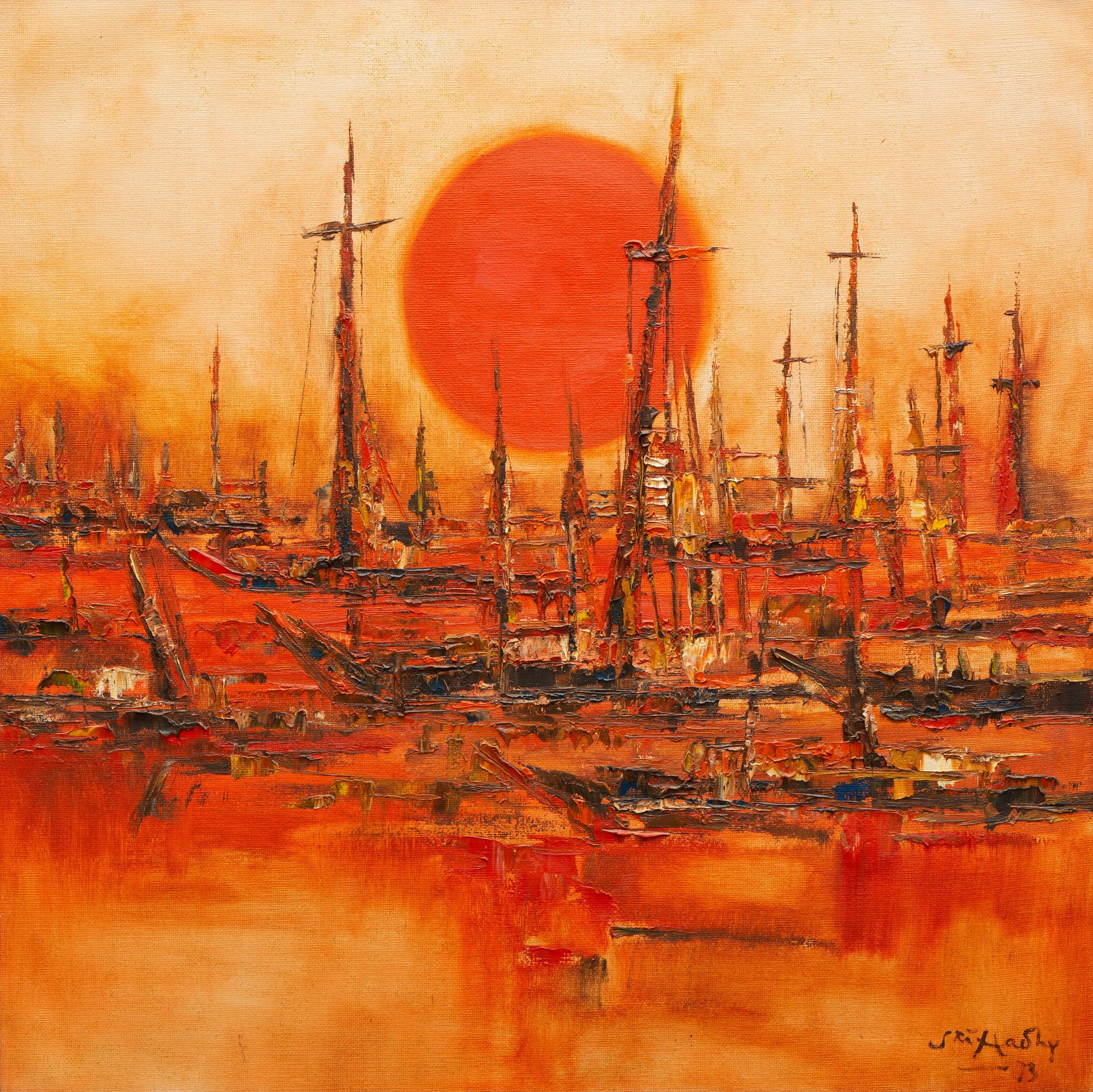 Artwork by Sri Hadhy, A flaming red sun, Made of oil on canvas