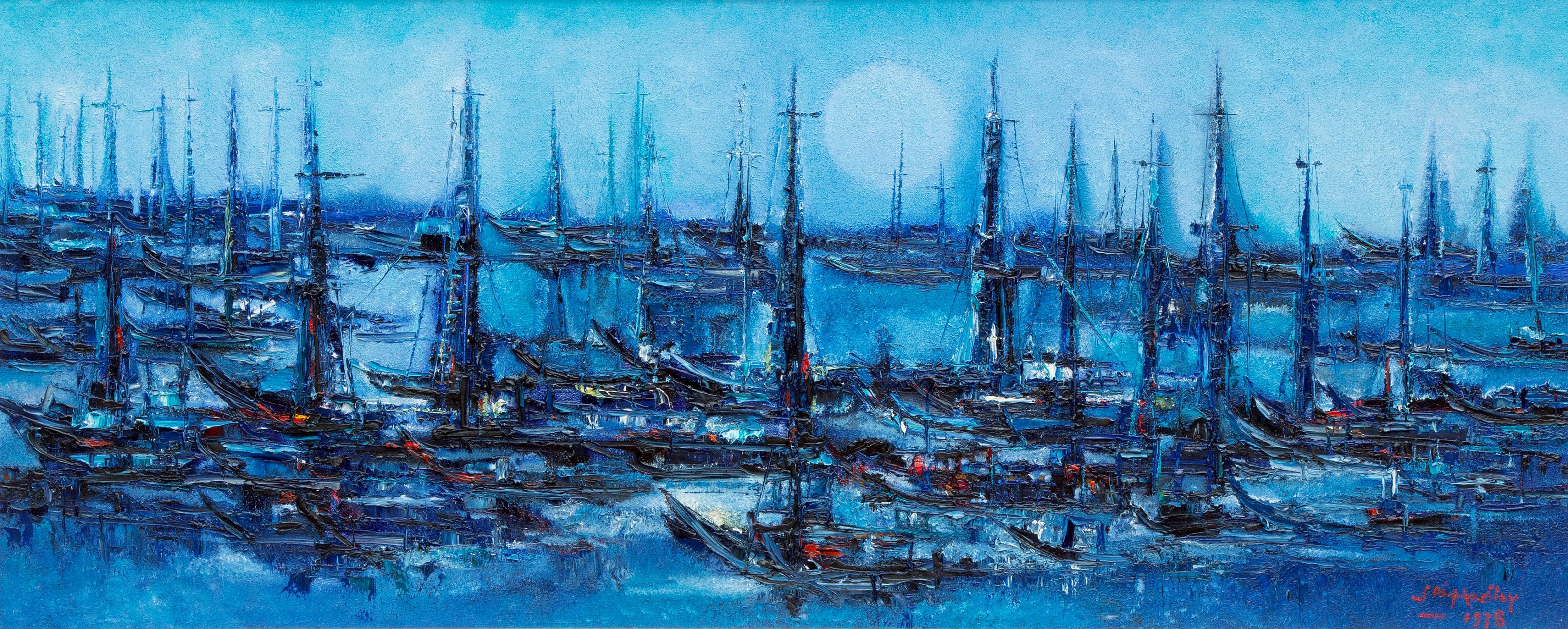 Artwork by Sri Hadhy, A fishing harbour by night / Pelabuan nelayan di sendja malam, Made of oil on canvas