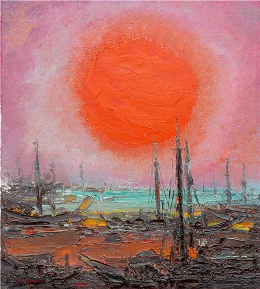 Red sun above the harbour by Sri Hadhy, 1978
