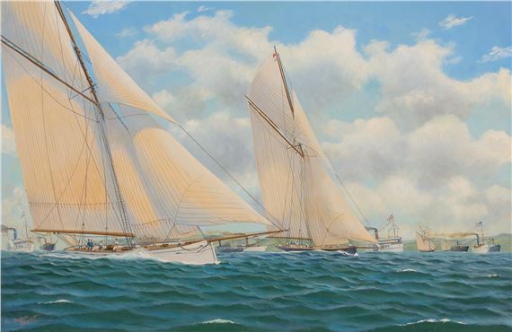 America's Cup 1885 Puritan (Foreground) V Genesta by Andrew Bennett, 1999