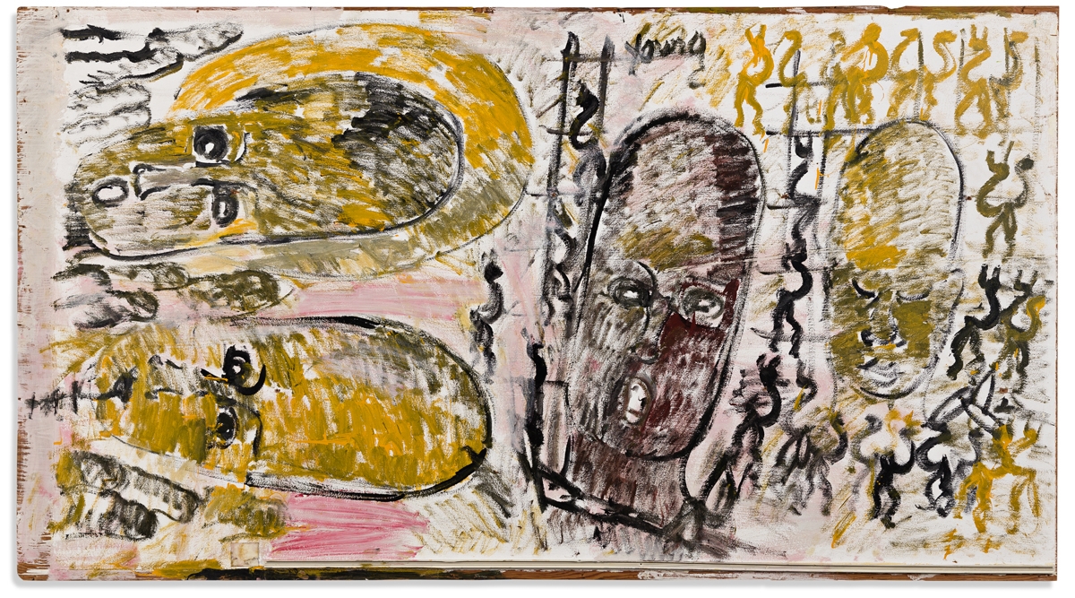 Artwork by Purvis Young, Lookin' In, Lookin' Out, Made of Paint on repurposed plywood