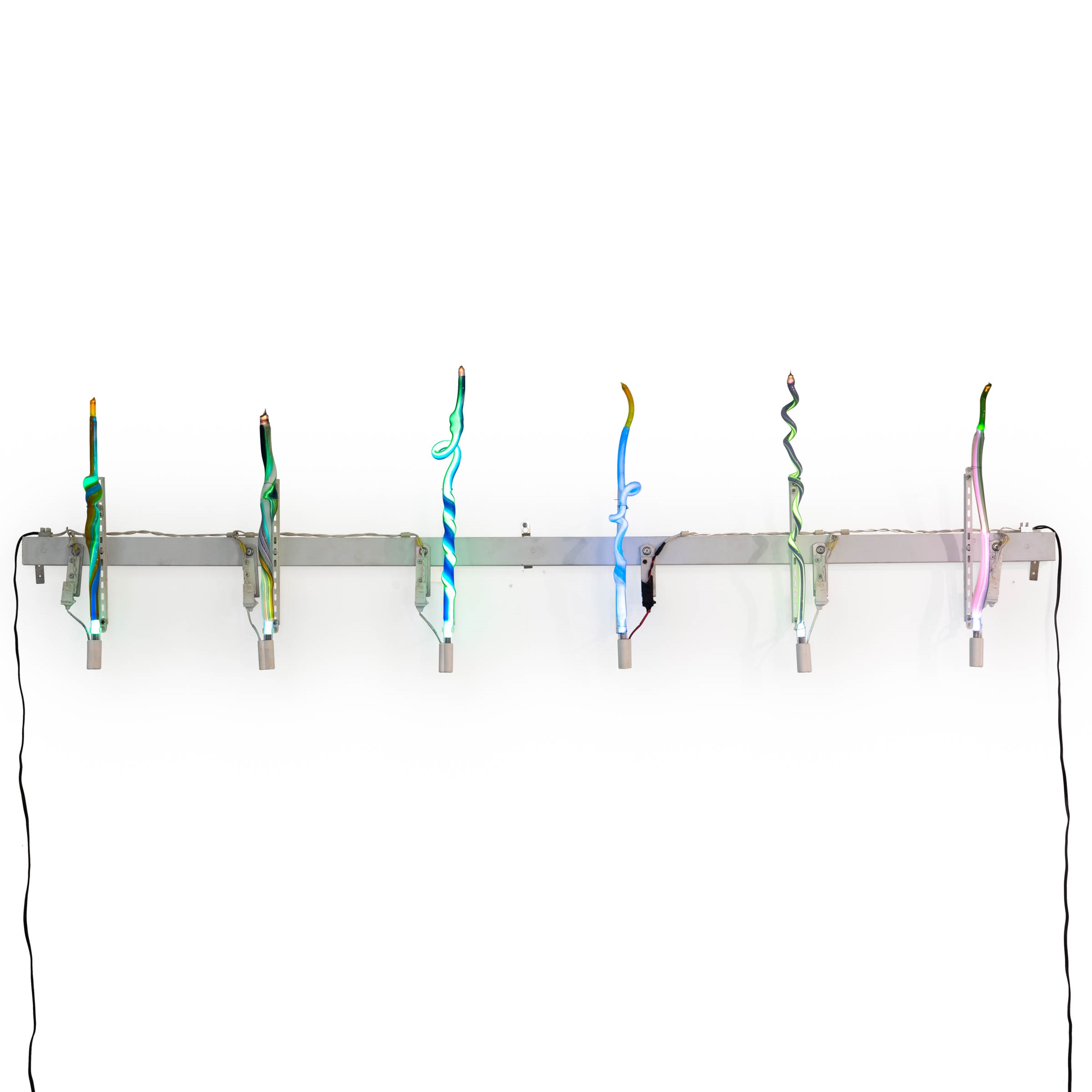 Artwork by Orest Tataryn, SIX NEON SQUIGGLES, Made of six single-electrode neon glass tubes on a metal support