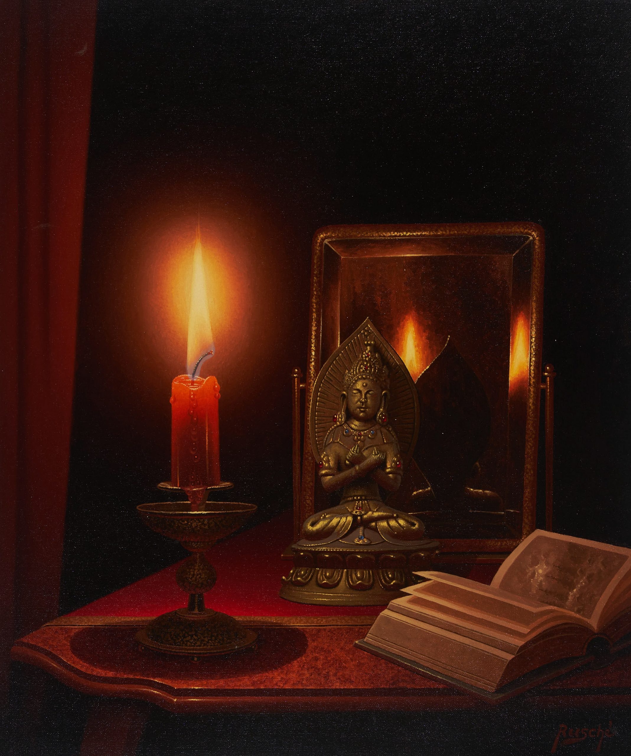 Rudy Ruschè | Red Candle, Book and Bronze | MutualArt