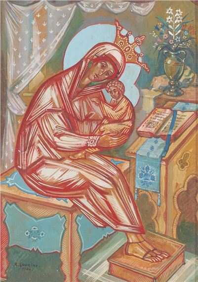 A red and gold icon of a seated figure holding a child, set against a blue background with floral details.