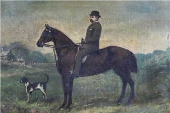 A country scene with a gentleman wearing a bowler hat and seated on a bay hunter - J. Garbut