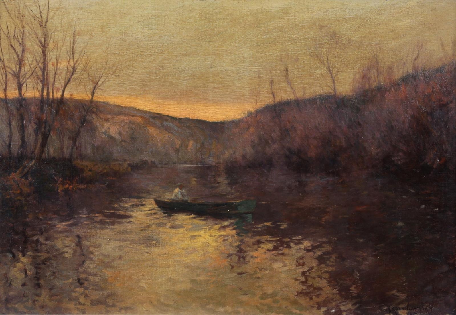 Artwork by Michel Korochansky, Boat on a pond, Made of Oil on canvas