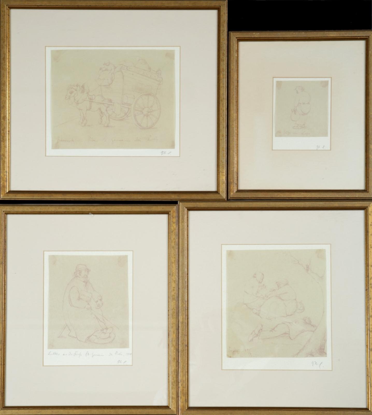 Artwork by Imre Goth, Thirteen works: Suite of drawings representing studies of characters, animals, carriages, etc., Made of Probably ink Laminated sheets on a cardboard support