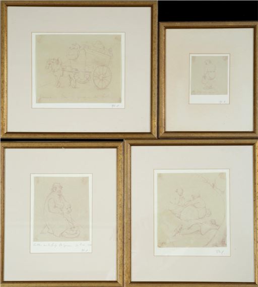 Thirteen works: Suite of drawings representing studies of characters, animals, carriages, etc. by Imre Goth