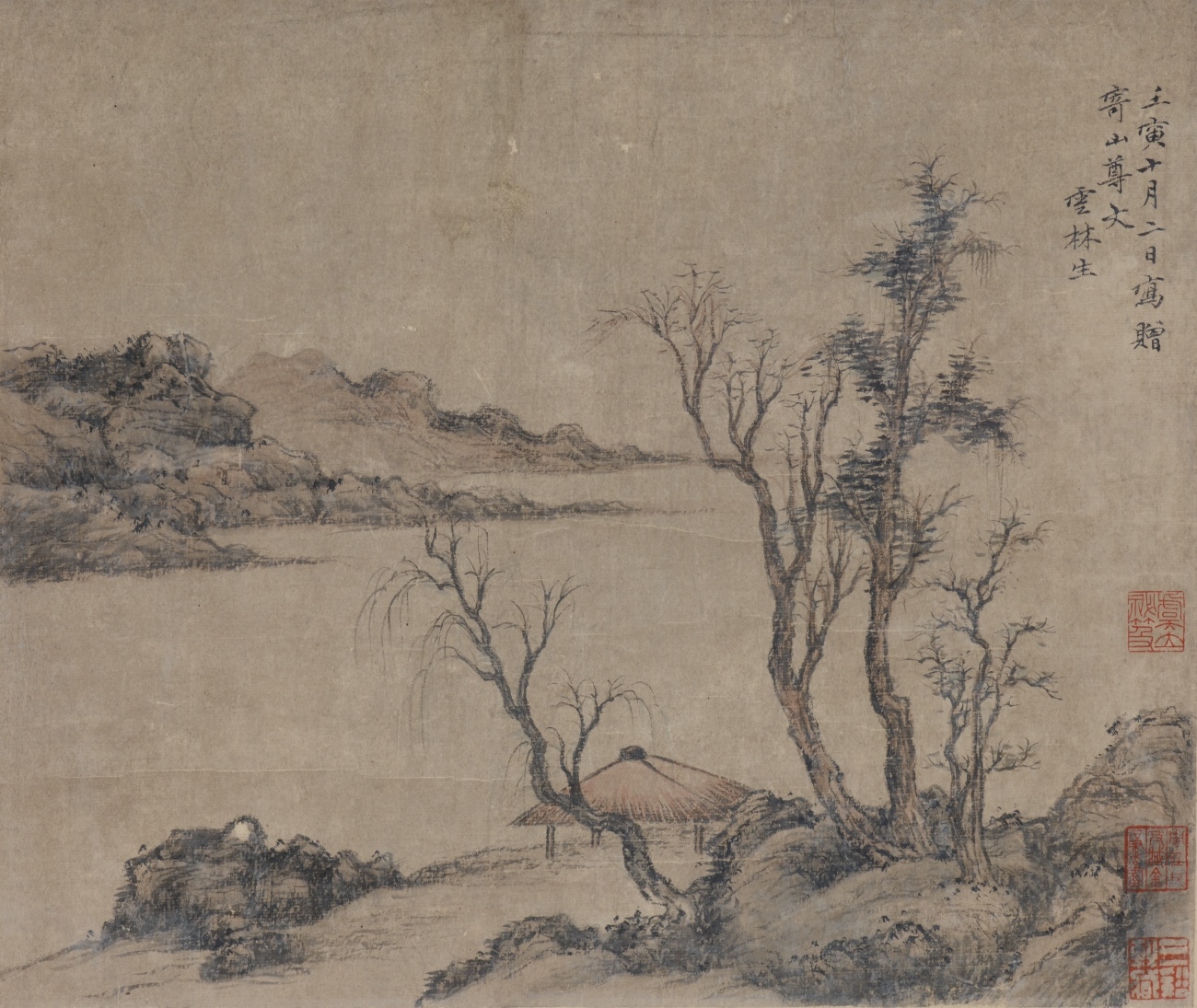 Artwork by Ni Zan, A river landscape with a pavilion, Made of Hanging scroll  Ink and light colours on paper