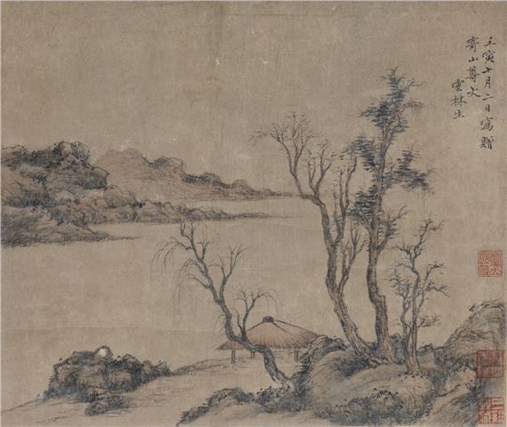 A river landscape with a pavilion by Ni Zan