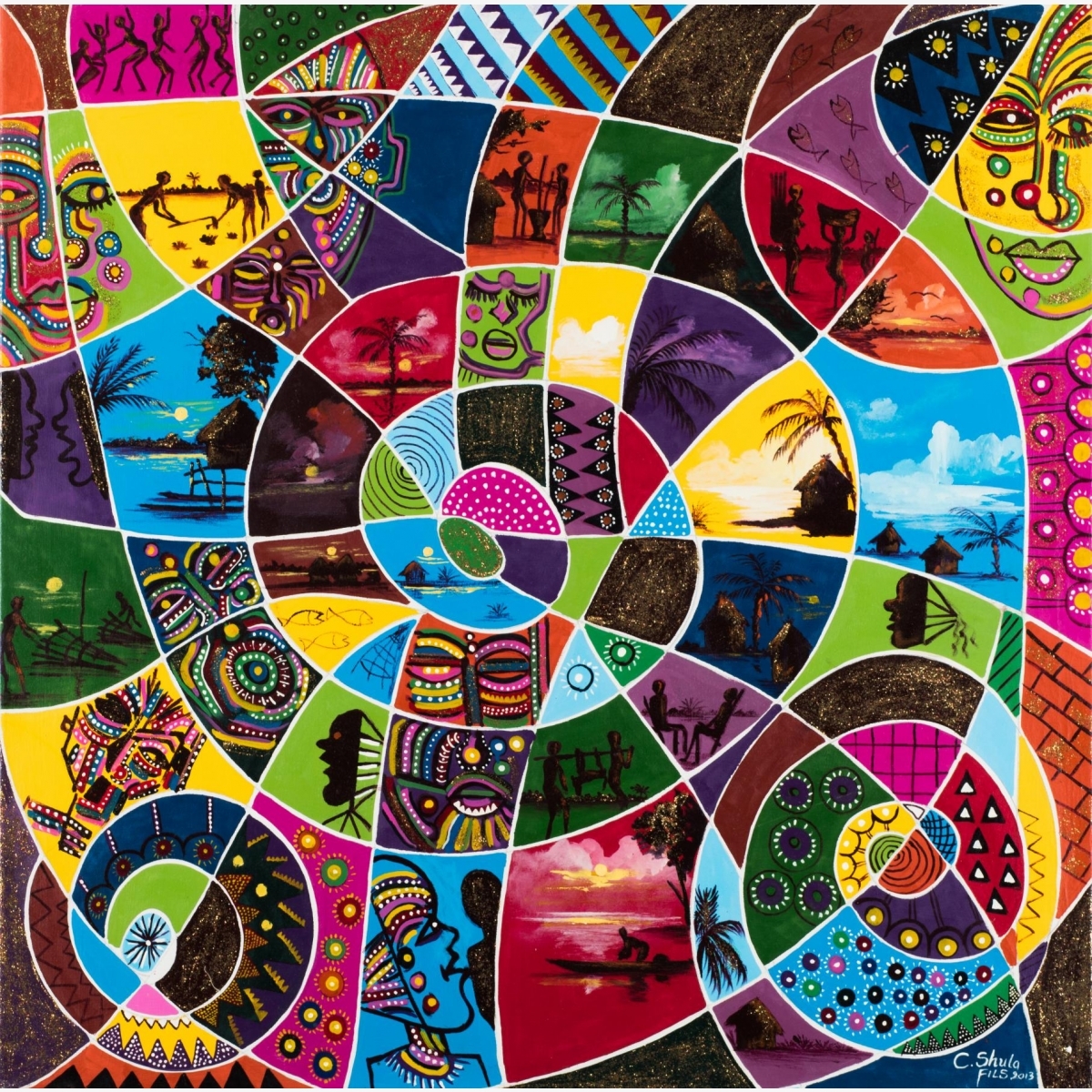 Artwork by Fils Shula, Collage d'Afriqua, Made of Acrylic on canvas and glitter