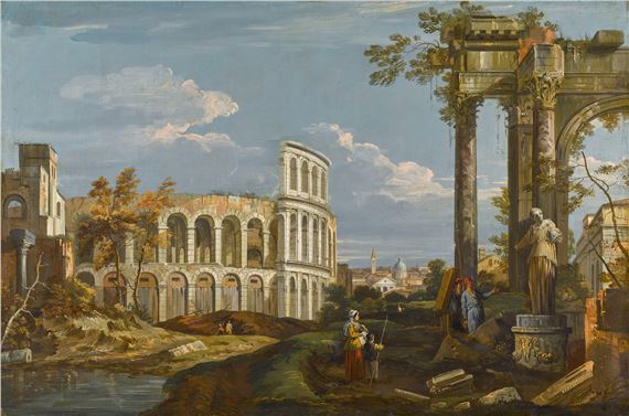 Architectural capriccio with ruins and the Colosseum by Canaletto