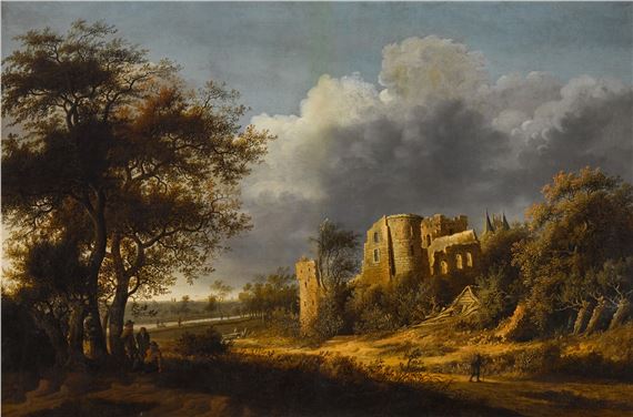 A landscape with the ruined castle of Egmond, a river beyond by Anthonie Jansz. van der Croos