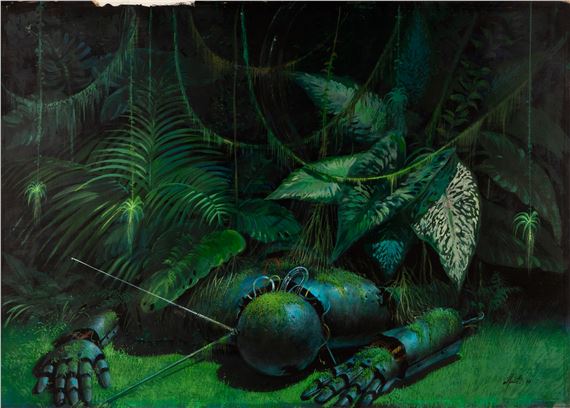 A surreal painting of a mechanical figure lying amidst dense jungle foliage.