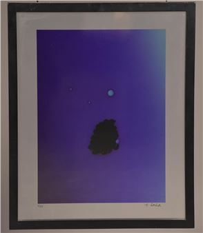 A framed abstract print featuring a dark organic shape against a purple gradient background with floating circles.