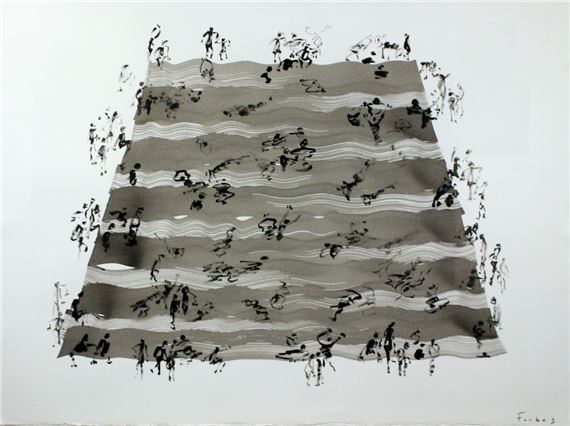 A monochromatic illustration of a crowd on a wavy surface.