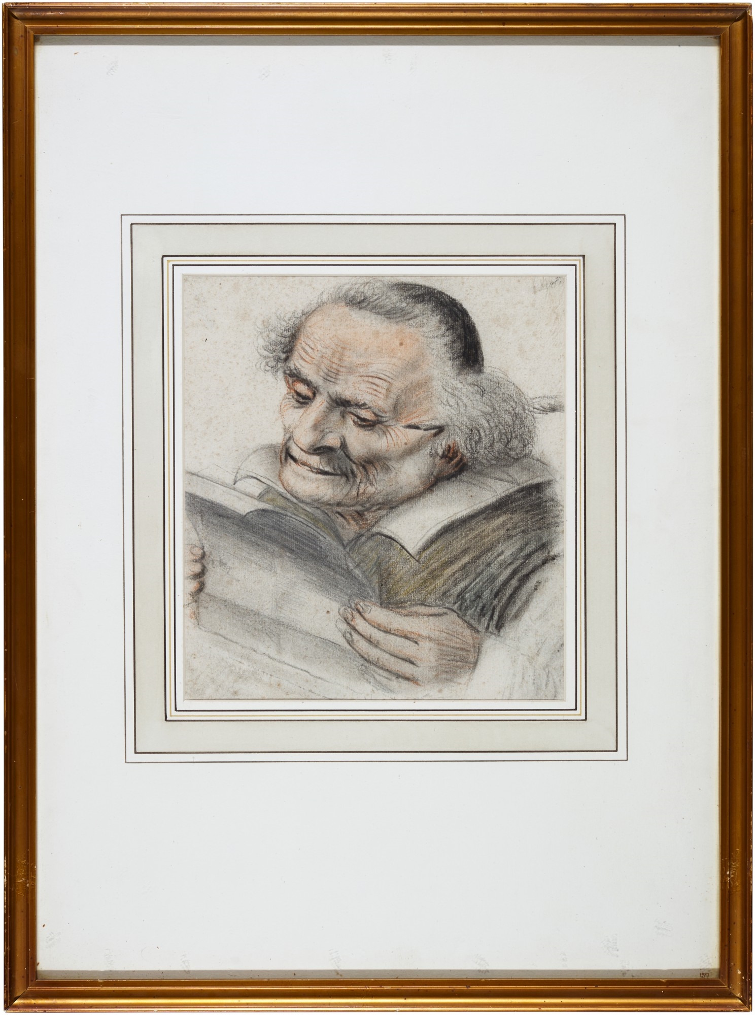 Artwork by Nicolas Lagneau, A cleric reading a letter, a quill behind his ear, Made of Black, red and yellow chalk