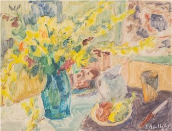 "Nature morte au déjeuner avec pot de fleurs" - Jean Apotheloz