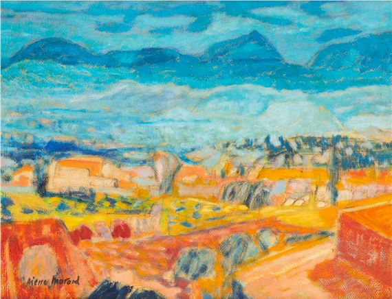 A vibrant landscape painting of a sun-drenched village nestled at the foot of blue mountains.