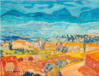 A vibrant landscape painting of a sun-drenched village nestled at the foot of blue mountains.