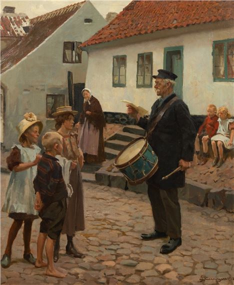 Erik Ludvig Henningsen | Villagers on Street with Drummer (1912