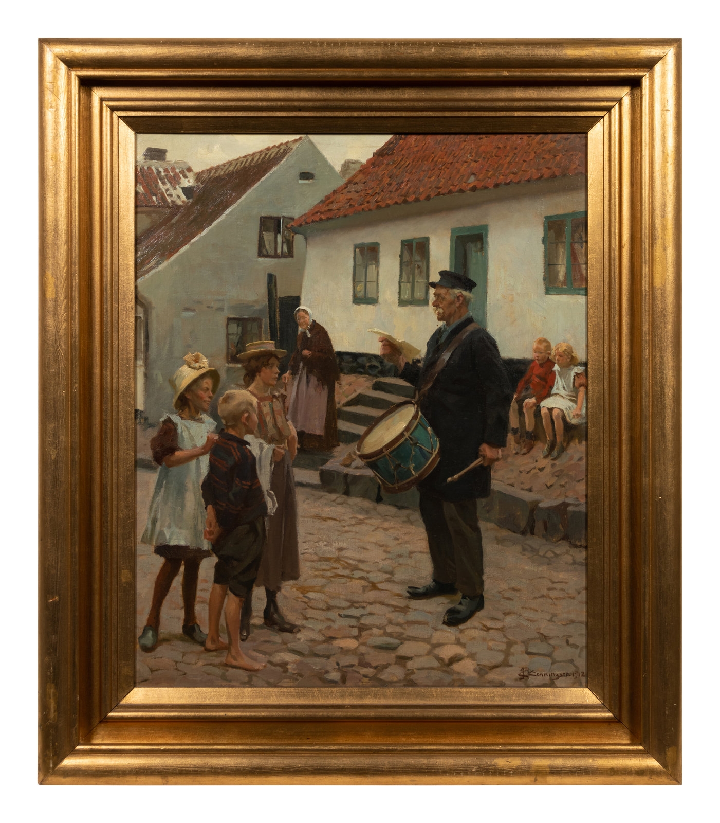Erik Ludvig Henningsen | Villagers on Street with Drummer (1912