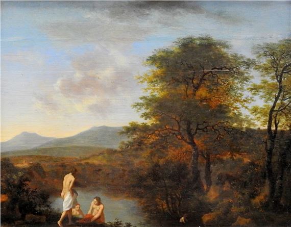 einen kleinen See am Waldesrand mit vier badenden Frauen by Willem de Heusch