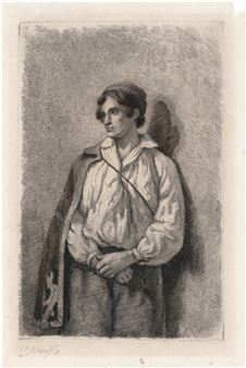 A monochromatic etching of a figure in period clothing, rendered with detailed cross-hatching and dramatic lighting.
