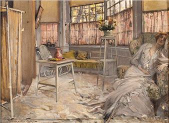 Blick in einen sonnendurchfluteten Damensalon mit im Sessel schlafender Dame - Winnaretta Eugénie Singer