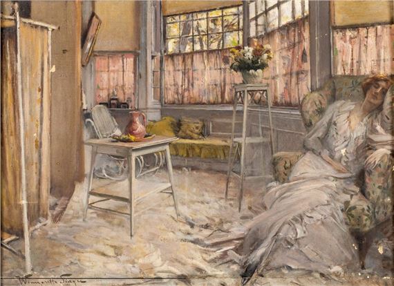 Blick in einen sonnendurchfluteten Damensalon mit im Sessel schlafender Dame - Winnaretta Eugénie Singer