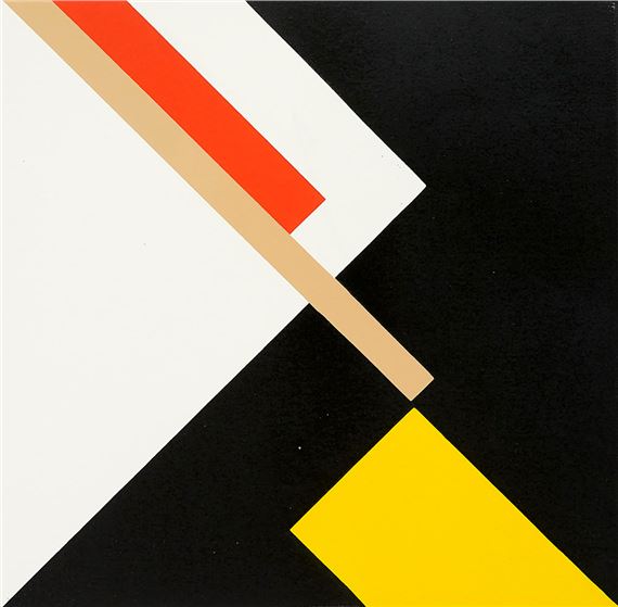 A bold abstract composition featuring diagonal geometric shapes in stark contrast.