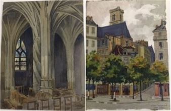 Two works: Interieur de Saint Sevrain, Place de ville avec rues et beffroi - Marc Choisnard
