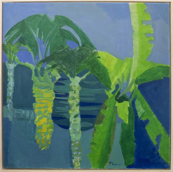 A vibrant painting of tropical foliage with bold greens and blues.
