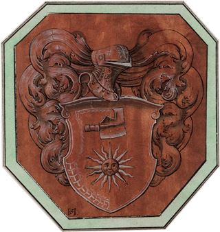 Wappenschild mit Federharnisch, im Schild Sonne und Axt - Hans Sur