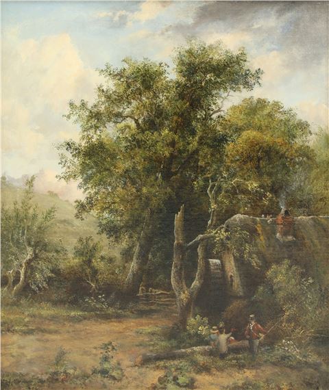 A thatched watermill with a fisherman and family in the foreground by John Berney Crome