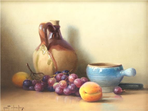 A still life of grapes and peaches with a terracotta jug and blue bowl behind by Robert Chailloux
