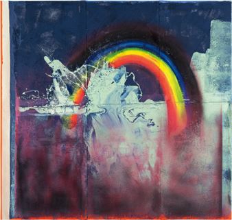 A colorful abstract painting featuring a vibrant rainbow arching over a textured, fragmented landscape.