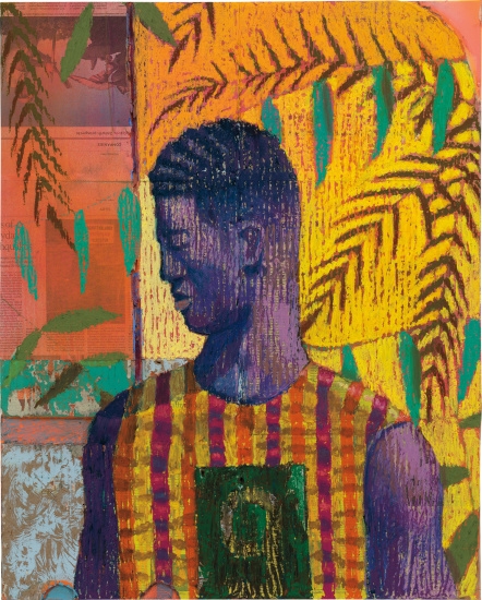 Artwork by Derek Fordjour, No. 29, Made of oil pastel, charcoal, acrylic, cardboard and carved newspaper mounted to canvas