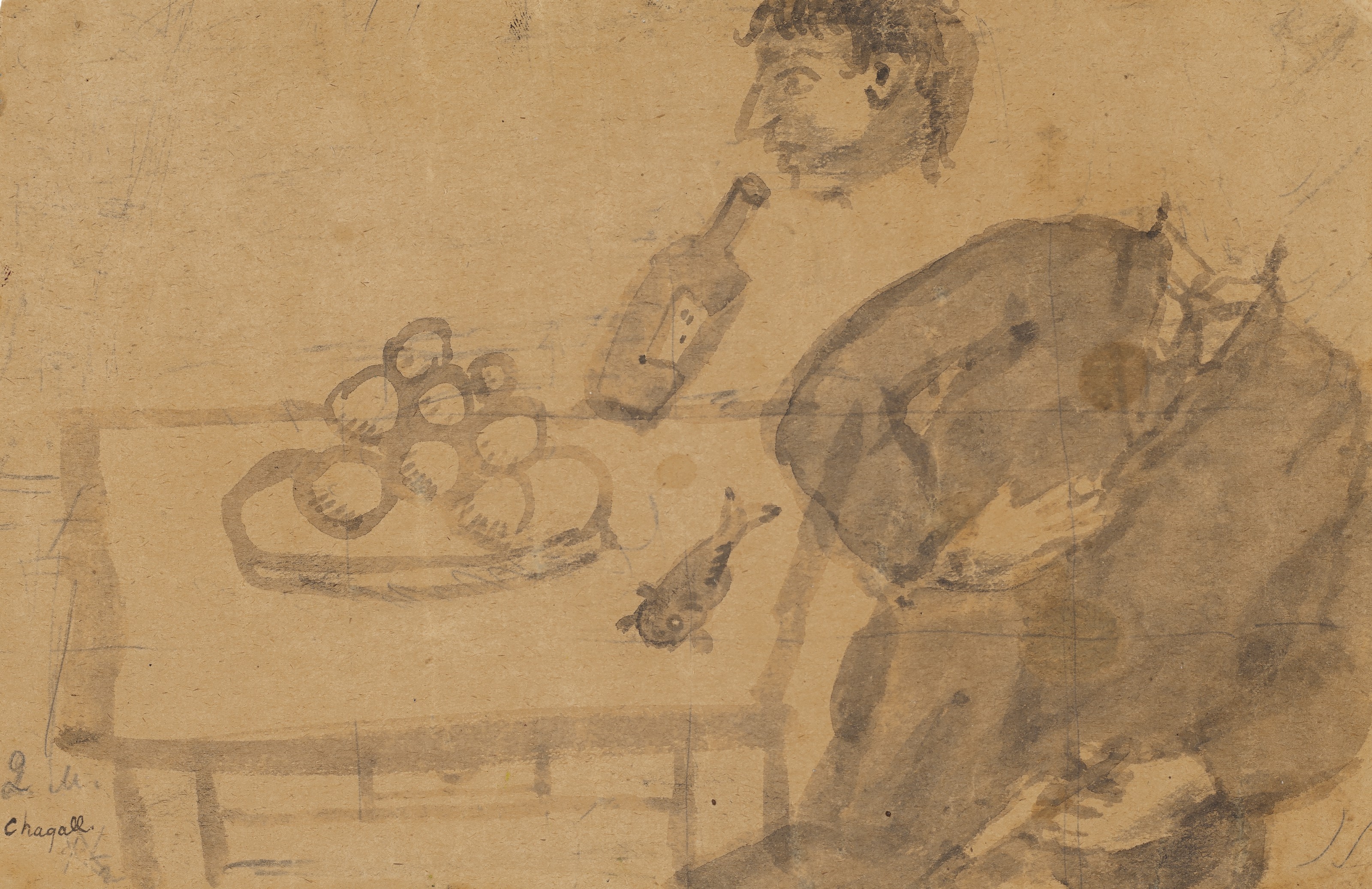 Artwork by Marc Chagall, Etude pour Le Buveur ou Le Saoul, Made of inkwash and pencil on paper