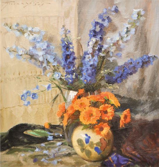 NATURA MORTA CON FIORI AZZURRI E ARANCIONI by Ulderico Giovacchini, 1947