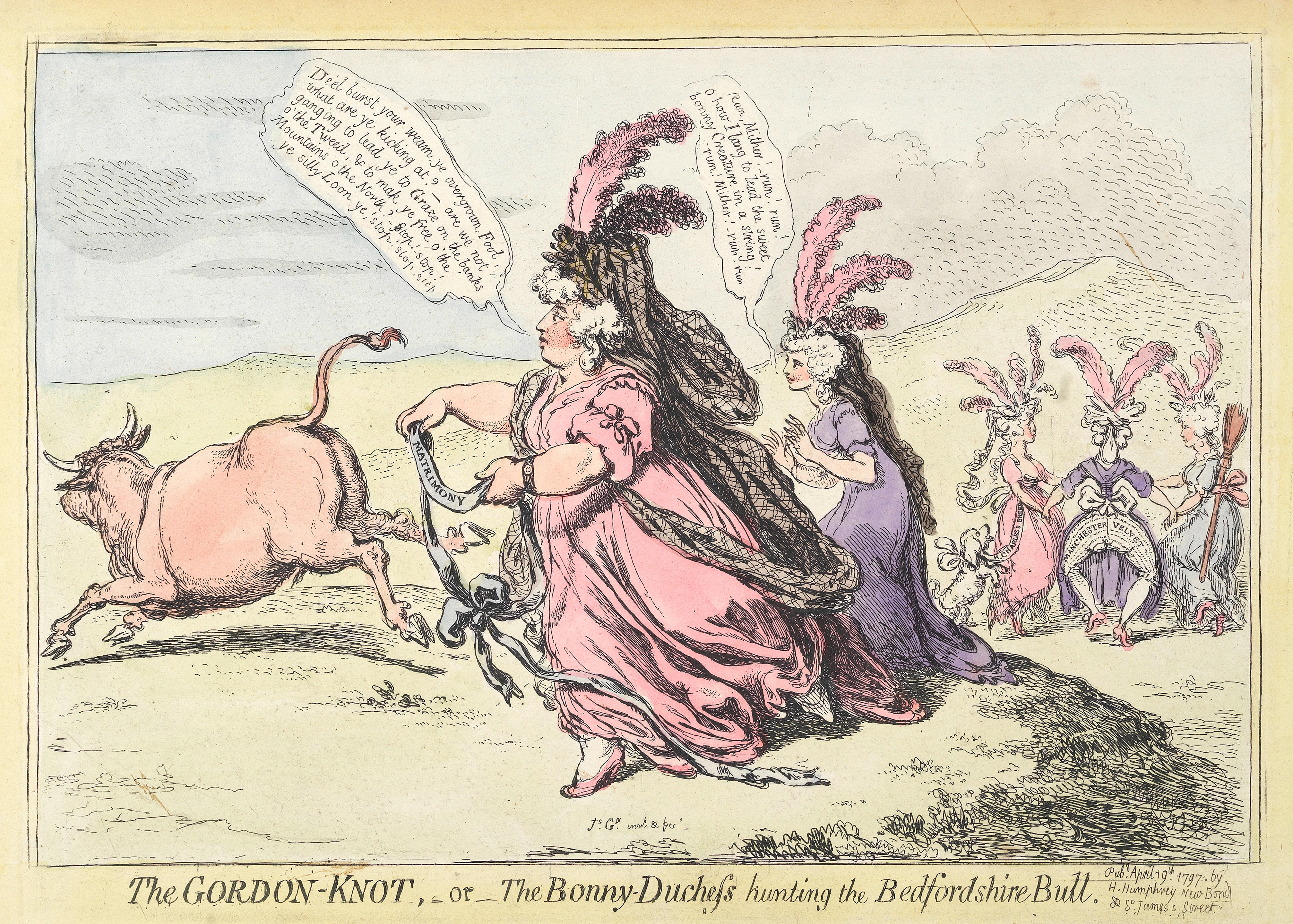 Artwork by James Gillray, The Gordon-Knot or The Bonny Duchess Hunting The Bedfordshire Butt (BM 9084), Made of Etching with hand colouring