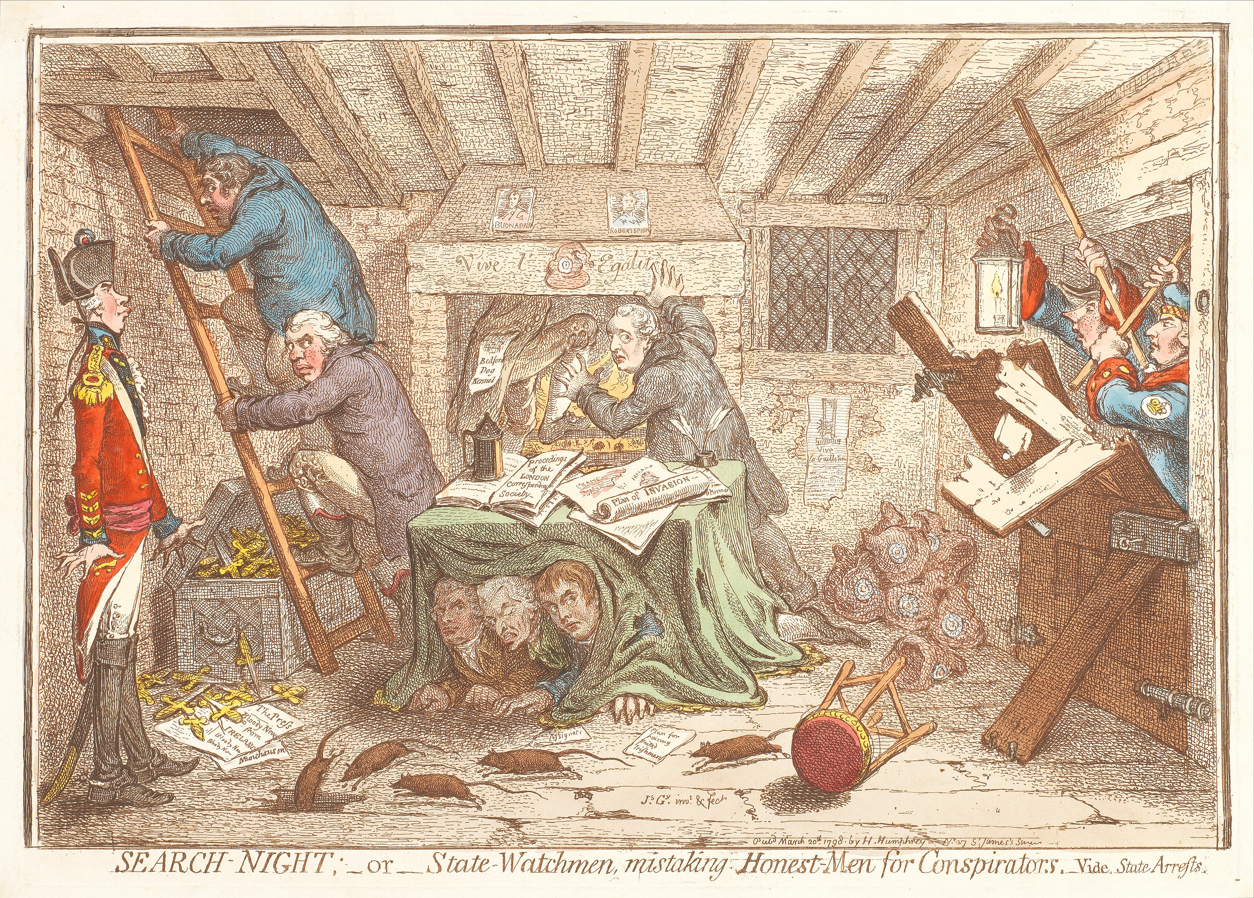 Artwork by James Gillray, Search-Night; _or_ State Watchmen, mistaking Honest-Men for Conspirators (BM 9189), Made of Etching with hand colouring
