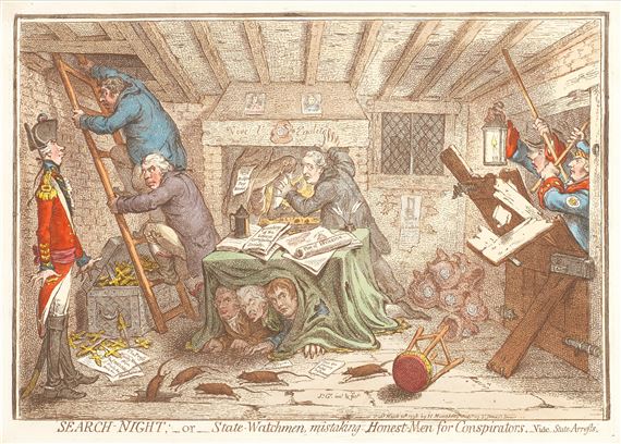 Search-Night; _or_ State Watchmen, mistaking Honest-Men for Conspirators (BM 9189) by James Gillray, 1798