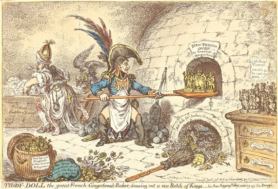 Tiddy-Doll, the Great French-Gingerbread-Baker; Drawing Out a New Batch of Kings (BM 10518) by James Gillray, 1806