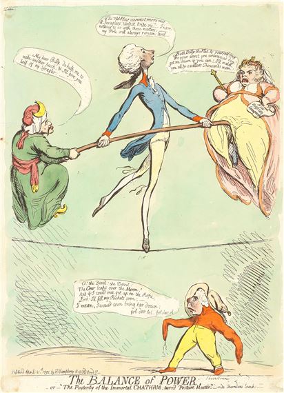 The Balance of Power. -or- "The Posterity of the Immortal Chatham, turn'd Posture Master" (BM 7846) by James Gillray, 1791